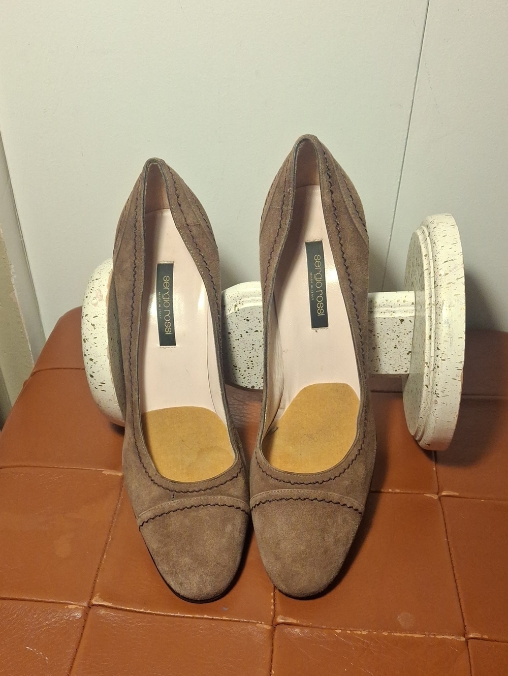 Sergio Rossi Taupe Suede Scalloped Pumps